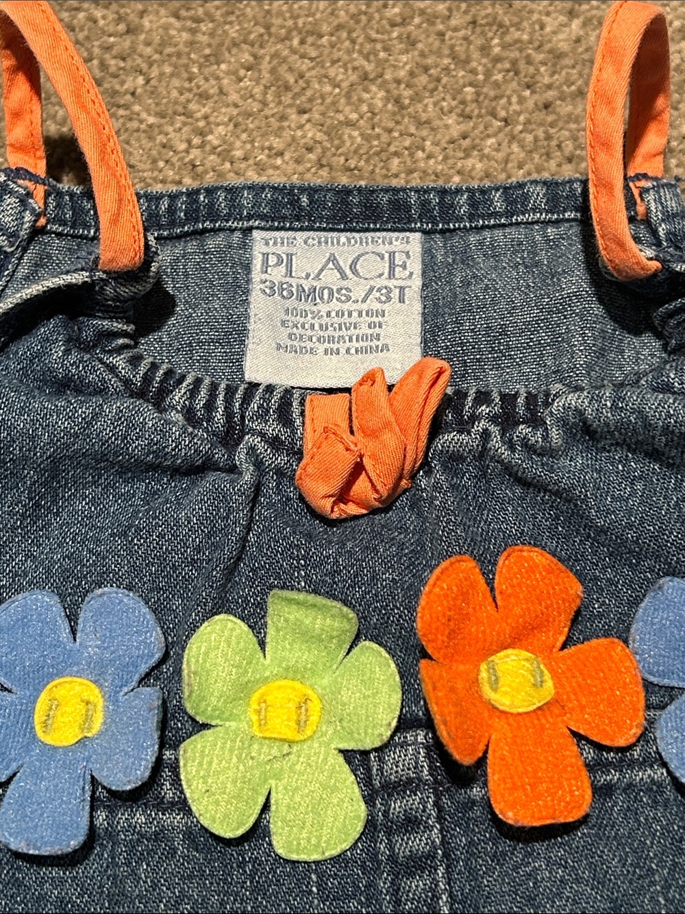 The Children's Place Denim Bubble Romper with Floral Appliqués - Blue & Orange - Picture 2 of 4